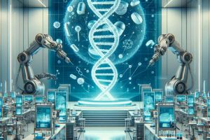 Grafik mit Robotern und DNA in Labor