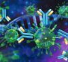 Stilisierte Darstellung von DNA, Viren und Antikörpern